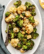 A leaf of roasted broccoli and cauliflower